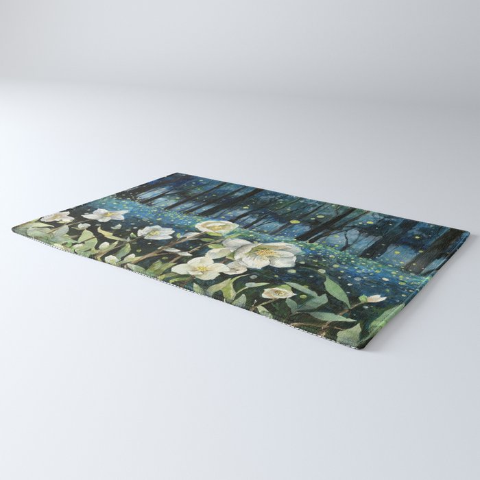 Magical Forest at Night, Fireflies and Helleborus Rug Gallery Image 3