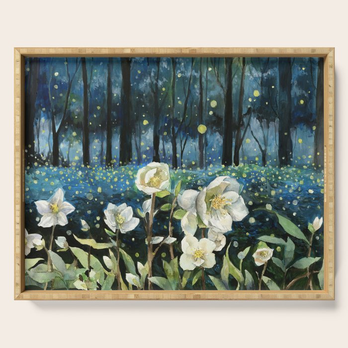 Magical Forest at Night, Fireflies and Helleborus Serving Tray Gallery Image 1