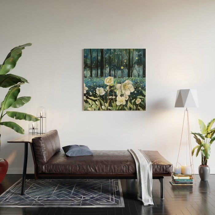 Magical Forest at Night, Fireflies and Helleborus Wood Wall Art Gallery Image 2