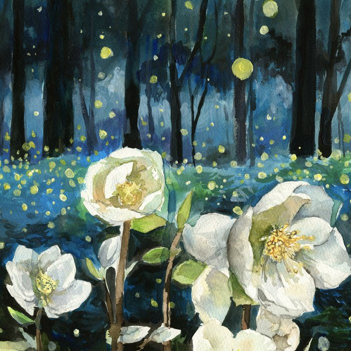 Magical Forest at Night, Fireflies and Helleborus Coffee Mug Gallery Image 2