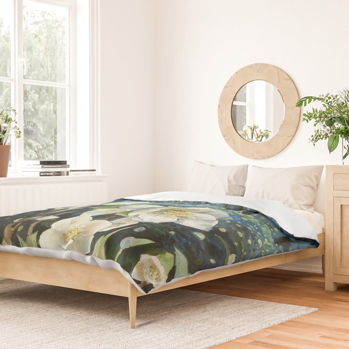 Magical Forest at Night, Fireflies and Helleborus Duvet Cover Gallery Image 2