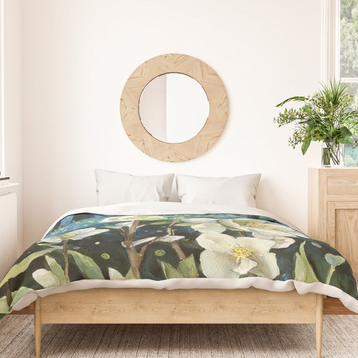 Magical Forest at Night, Fireflies and Helleborus Duvet Cover Gallery Image 3