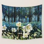Magical Forest at Night, Fireflies and Helleborus Wall Tapestry Gallery Image 4