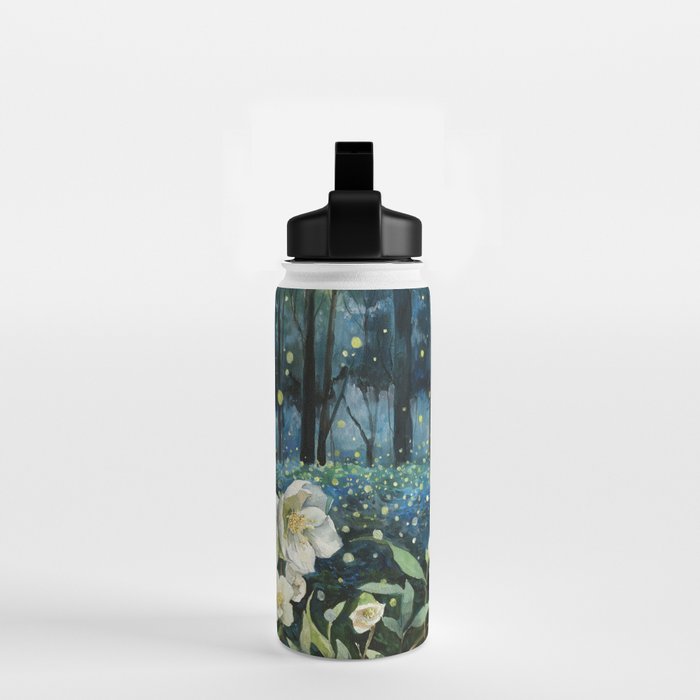 Magical Forest at Night, Fireflies and Helleborus Water Bottle Gallery Image 2