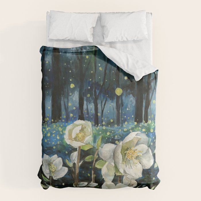 Magical Forest at Night, Fireflies and Helleborus Duvet Cover Gallery Image 1