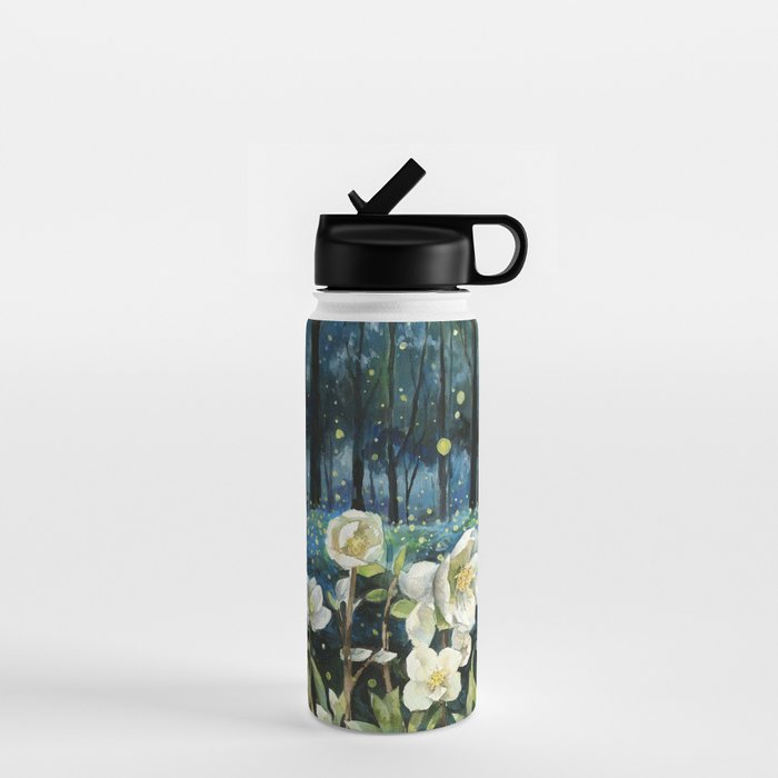 Magical Forest at Night, Fireflies and Helleborus Water Bottle Gallery Image 1