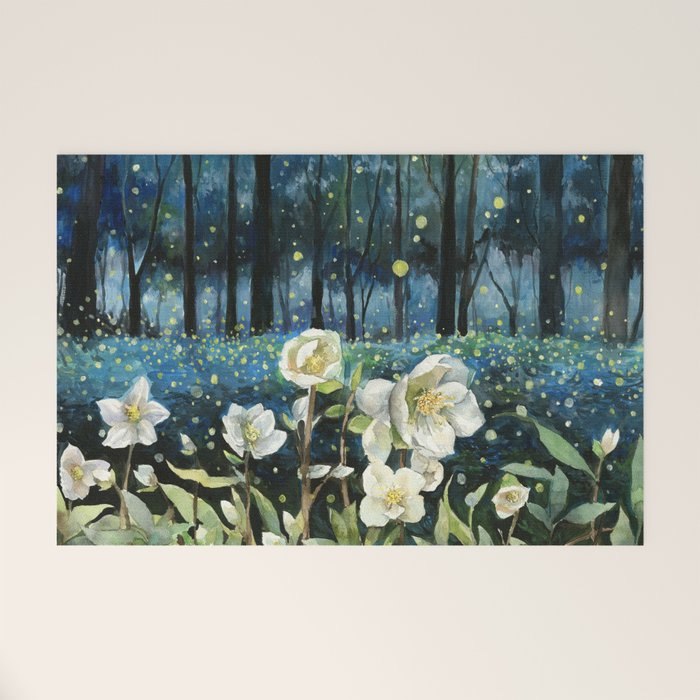 Magical Forest at Night, Fireflies and Helleborus Welcome Mat Gallery Image 1