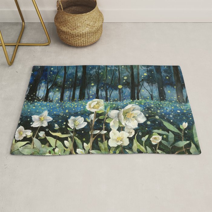 Magical Forest at Night, Fireflies and Helleborus Rug Gallery Image 1