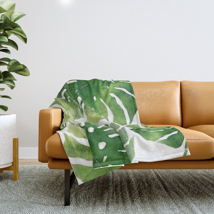 Monstera watercolor I Throw Blanket Gallery Image 1