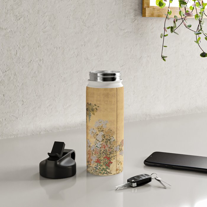 Japanese Edo Period Six-Panel Gold Leaf Screen - Spring and Autumn Flowers Water Bottle Gallery Image 5