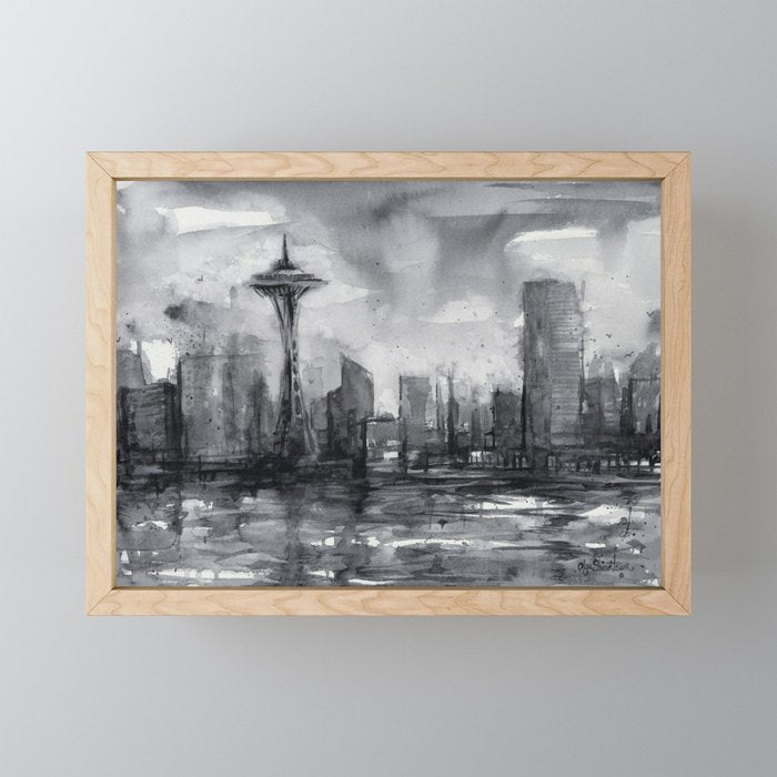 Seattle Skyline Painting Watercolor Black and White Space Needle Mini Art Print Gallery Image 1