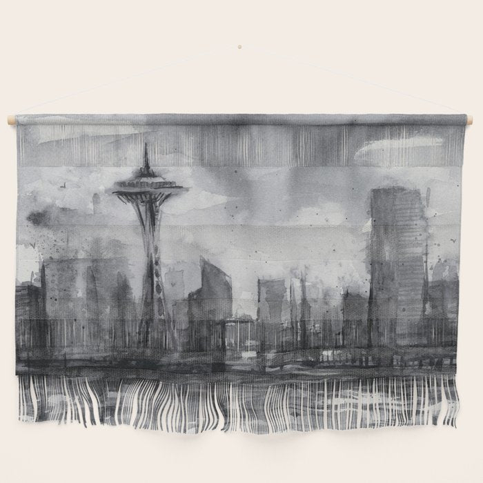 Seattle Skyline Painting Watercolor Black and White Space Needle Wall Hanging Gallery Image 1