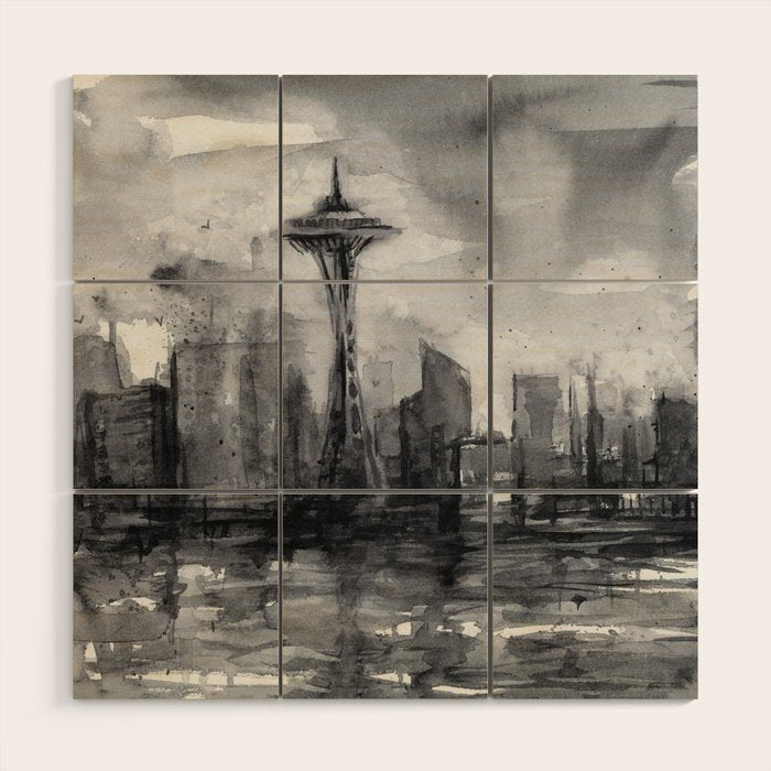 Seattle Skyline Painting Watercolor Black and White Space Needle Wood Wall Art Gallery Image 1