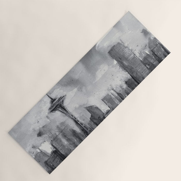 Seattle Skyline Painting Watercolor Black and White Space Needle Yoga Mat Gallery Image 1