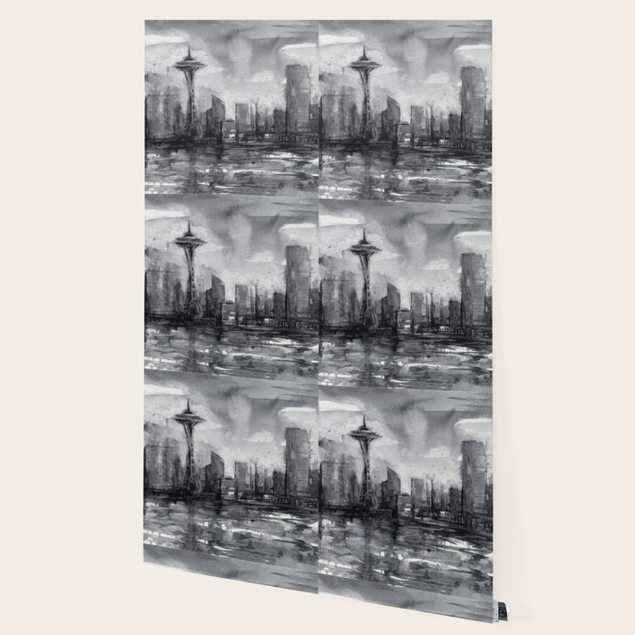 Seattle Skyline Painting Watercolor Black and White Space Needle Wallpaper Gallery Image 2
