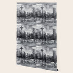 Seattle Skyline Painting Watercolor Black and White Space Needle Wallpaper Gallery Image 2