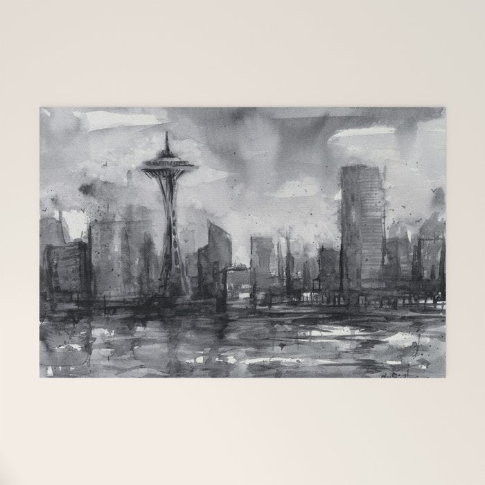 Seattle Skyline Painting Watercolor Black and White Space Needle Welcome Mat Gallery Image 1