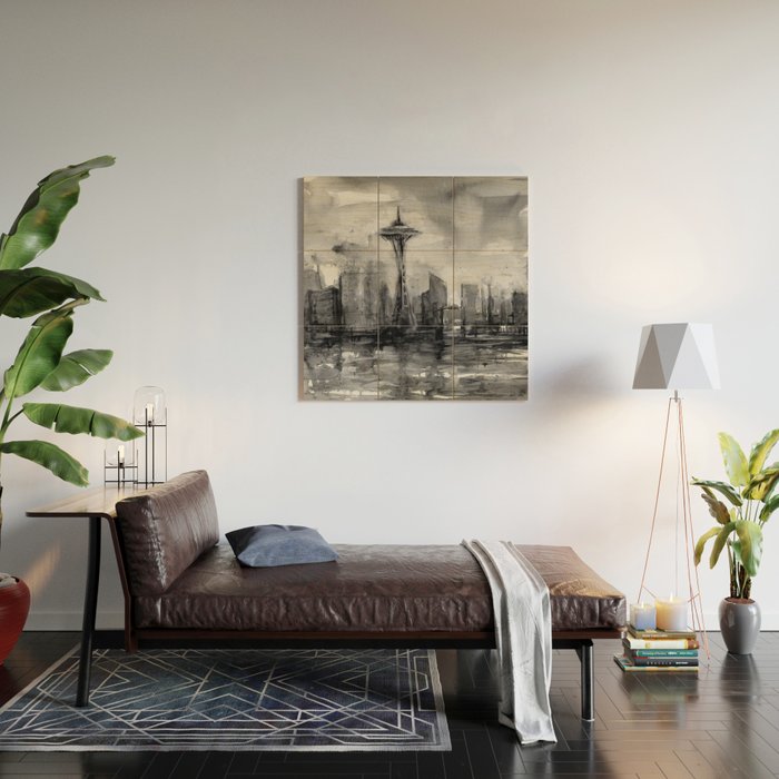 Seattle Skyline Painting Watercolor Black and White Space Needle Wood Wall Art Gallery Image 2