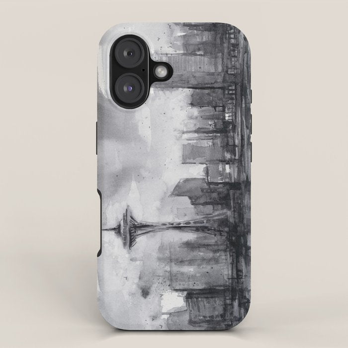 Seattle Skyline Painting Watercolor Black and White Space Needle iPhone Case Gallery Image 1