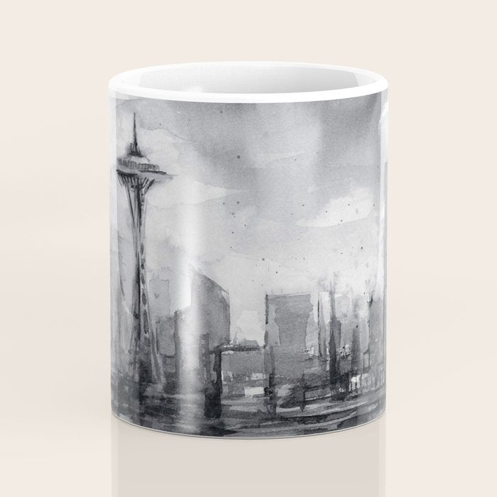 Seattle Skyline Painting Watercolor Black and White Space Needle Coffee Mug Gallery Image 4