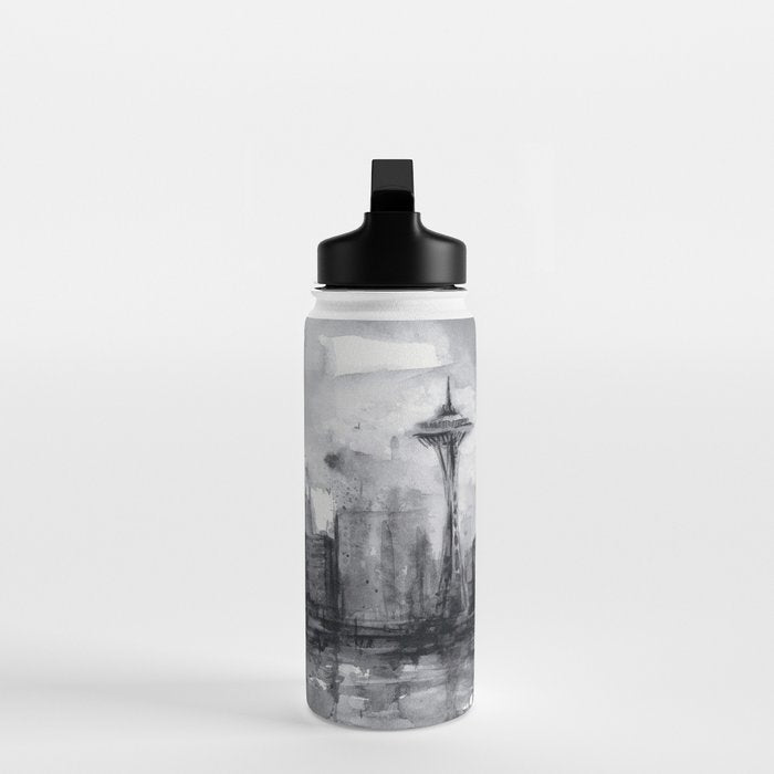 Seattle Skyline Painting Watercolor Black and White Space Needle Water Bottle Gallery Image 3