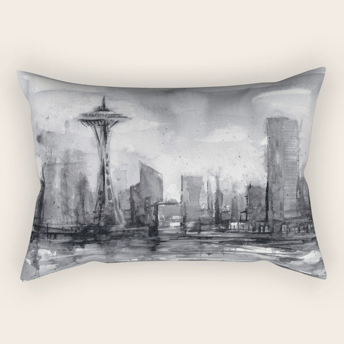 Seattle Skyline Painting Watercolor Black and White Space Needle Rectangular Pillow Gallery Image 1