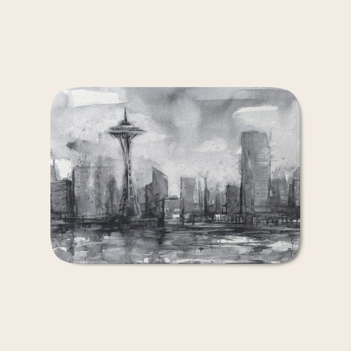 Seattle Skyline Painting Watercolor Black and White Space Needle Bath Mat Gallery Image 1
