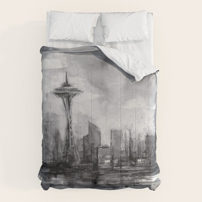 Seattle Skyline Painting Watercolor Black and White Space Needle Comforter Gallery Image 6