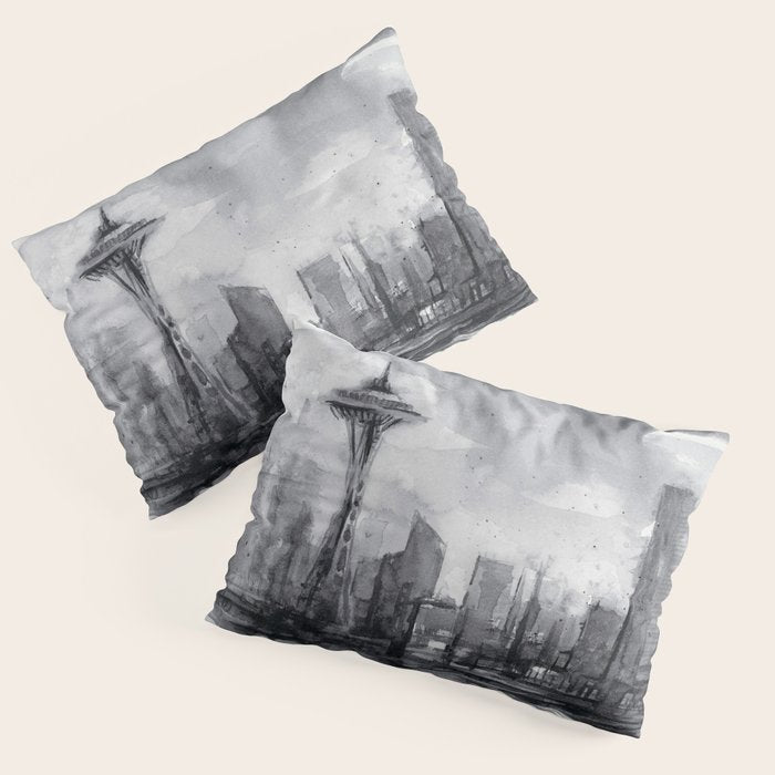 Seattle Skyline Painting Watercolor Black and White Space Needle Pillow Sham Gallery Image 1