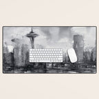 Seattle Skyline Painting Watercolor Black and White Space Needle Desk Mat Gallery Image 1