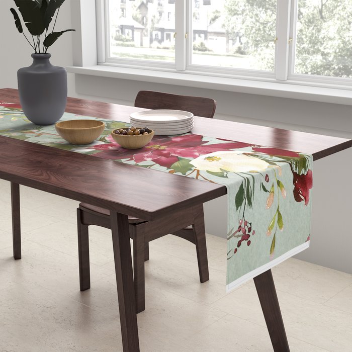 Watercolor botanical green burgundy ivory christmas floral Table Runner Gallery Image 2