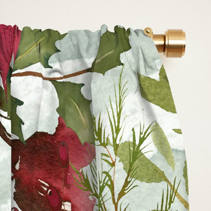 Watercolor botanical green burgundy ivory christmas floral Window Curtain Gallery Image 2