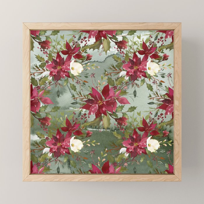 Watercolor botanical green burgundy ivory christmas floral Mini Art Print Gallery Image 1