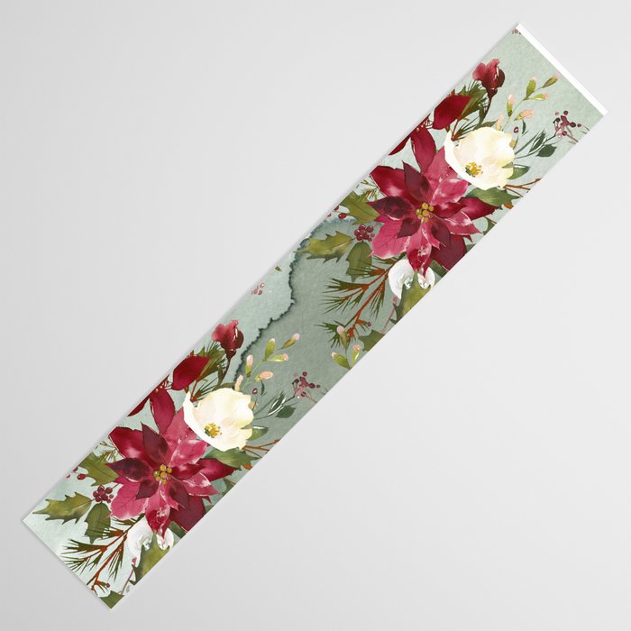 Watercolor botanical green burgundy ivory christmas floral Table Runner Gallery Image 3