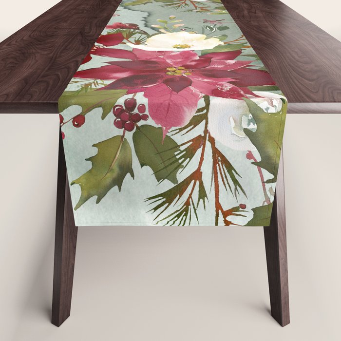 Watercolor botanical green burgundy ivory christmas floral Table Runner Gallery Image 1