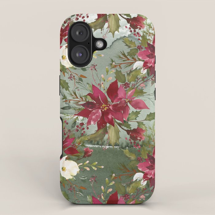 Watercolor botanical green burgundy ivory christmas floral iPhone Case Gallery Image 1