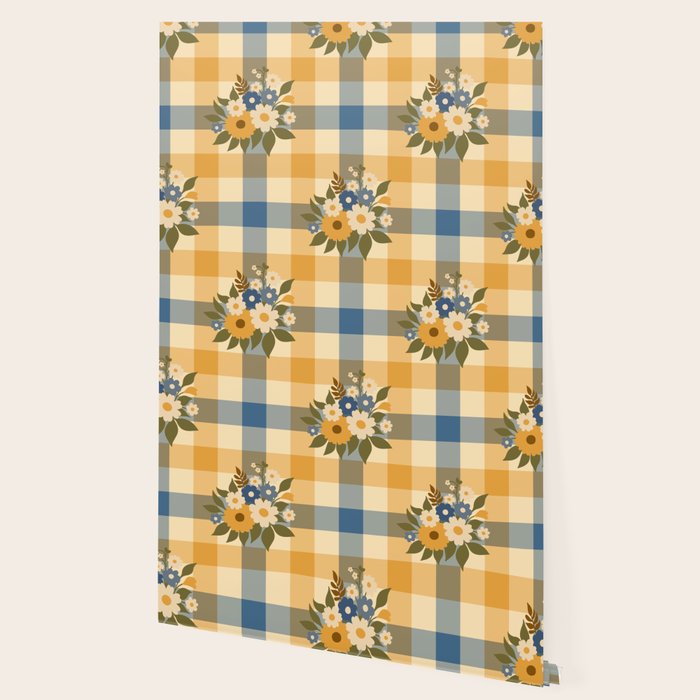 Country Retro Cottage Flowers plaid Wallpaper Gallery Image 2