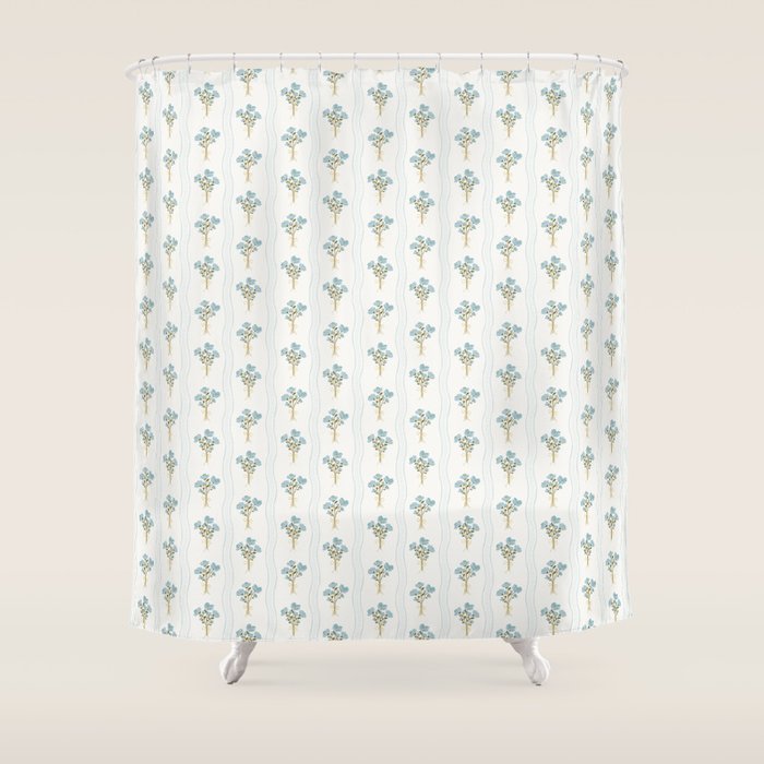 Delicate floral bouquets with vertical stripes - light blue peacock and moss green flowers pattern Shower Curtain Gallery Image 1