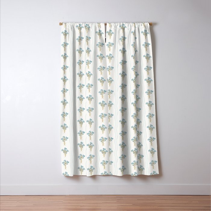 Delicate floral bouquets with vertical stripes - light blue peacock and moss green flowers pattern Window Curtain Gallery Image 3