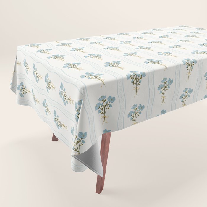 Delicate floral bouquets with vertical stripes - light blue peacock and moss green flowers pattern Tablecloth Gallery Image 1