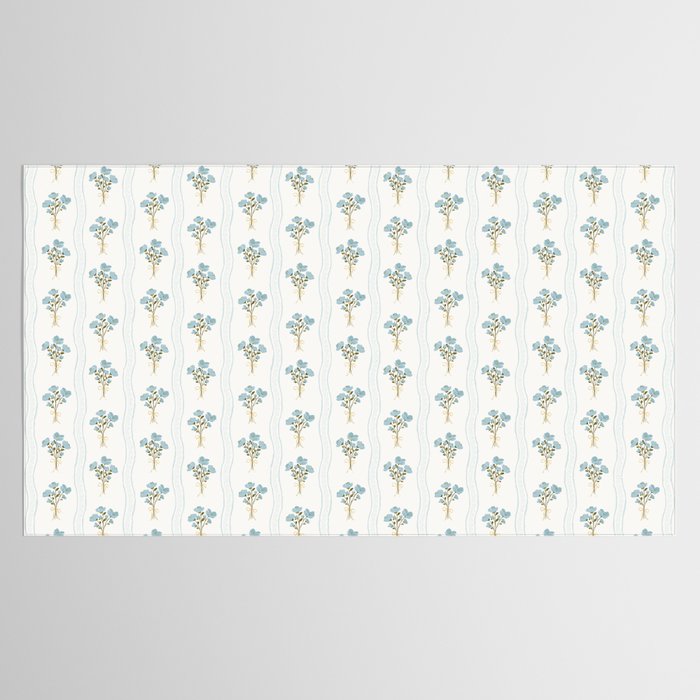 Delicate floral bouquets with vertical stripes - light blue peacock and moss green flowers pattern Tablecloth Gallery Image 2
