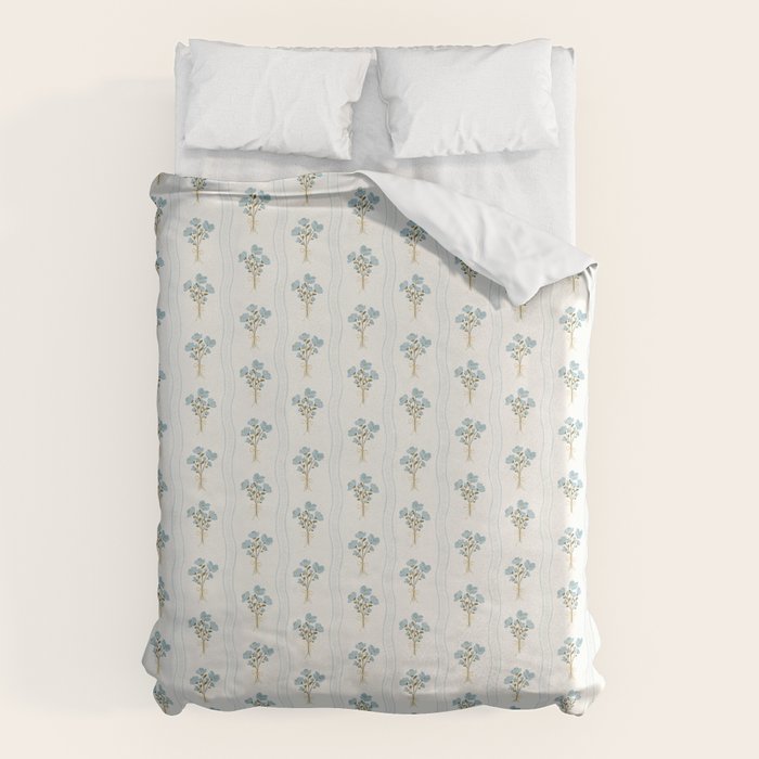 Delicate floral bouquets with vertical stripes - light blue peacock and moss green flowers pattern Duvet Cover Gallery Image 1
