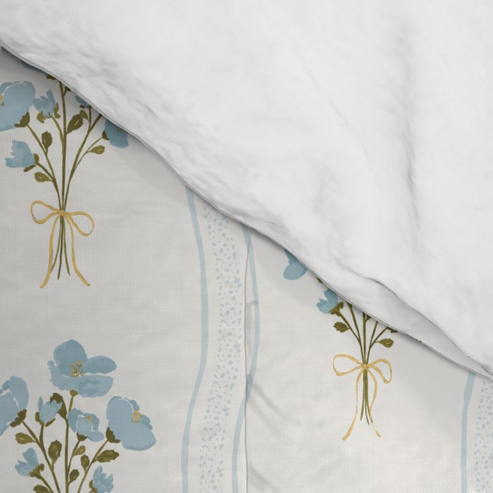Delicate floral bouquets with vertical stripes - light blue peacock and moss green flowers pattern Comforter Gallery Image 4