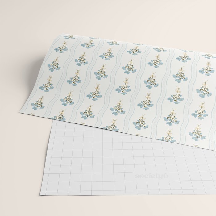 Delicate floral bouquets with vertical stripes - light blue peacock and moss green flowers pattern Wrapping Paper Gallery Image 2