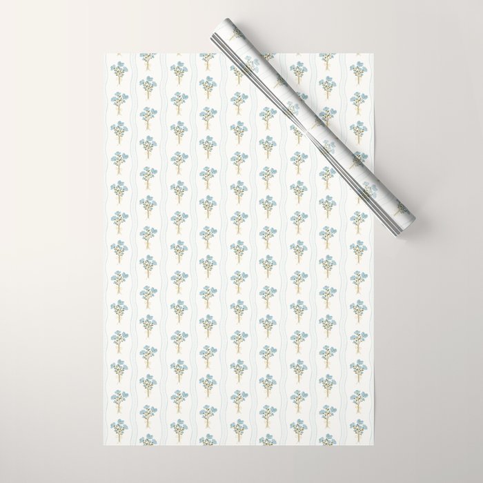 Delicate floral bouquets with vertical stripes - light blue peacock and moss green flowers pattern Wrapping Paper Gallery Image 1