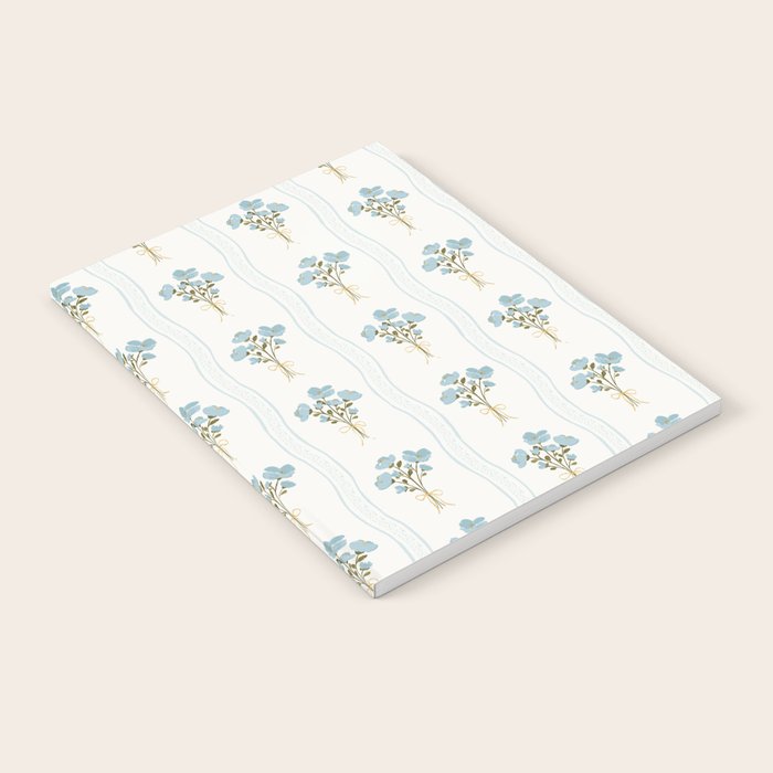 Delicate floral bouquets with vertical stripes - light blue peacock and moss green flowers pattern Notebook Gallery Image 1