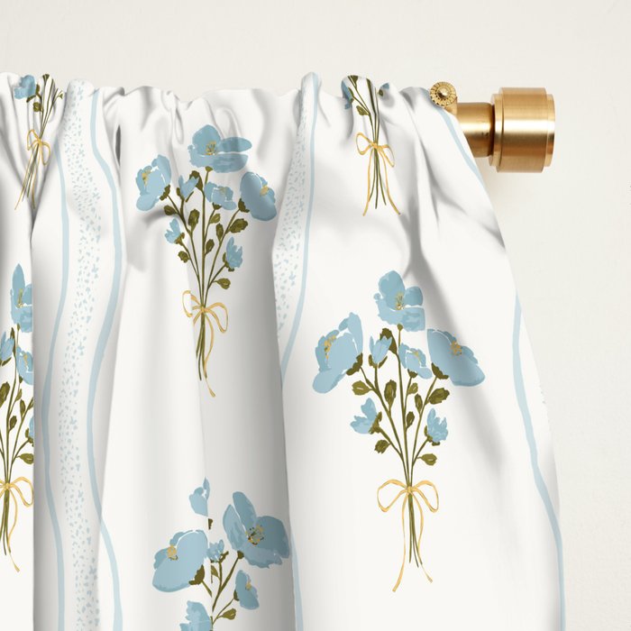Delicate floral bouquets with vertical stripes - light blue peacock and moss green flowers pattern Window Curtain Gallery Image 2