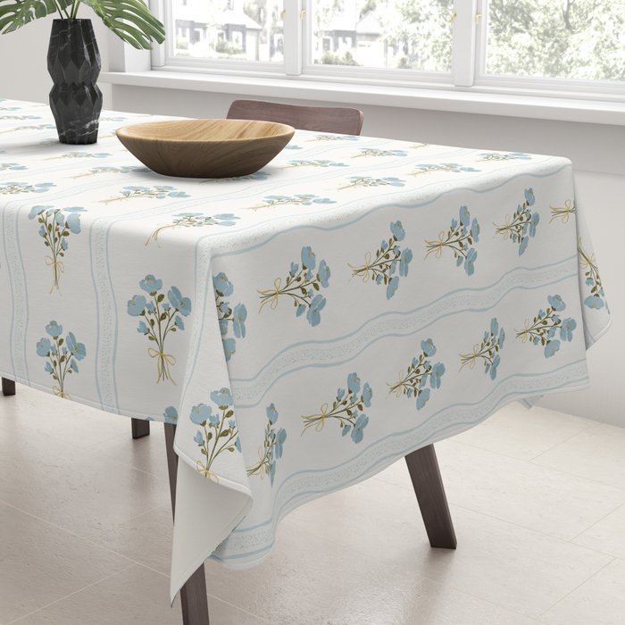 Delicate floral bouquets with vertical stripes - light blue peacock and moss green flowers pattern Tablecloth Gallery Image 3