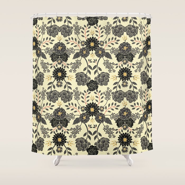 Gray, Black, Cream, Yellow & Red Sophisticated Floral Pattern Shower Curtain Gallery Image 1