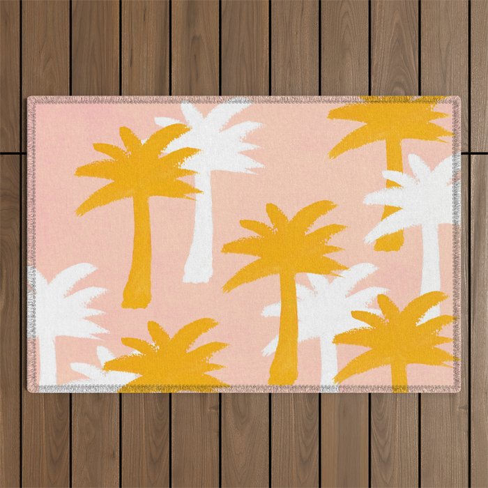 Palm Tree Tropical Pattern - Pink Gold Outdoor Rug Gallery Image 1